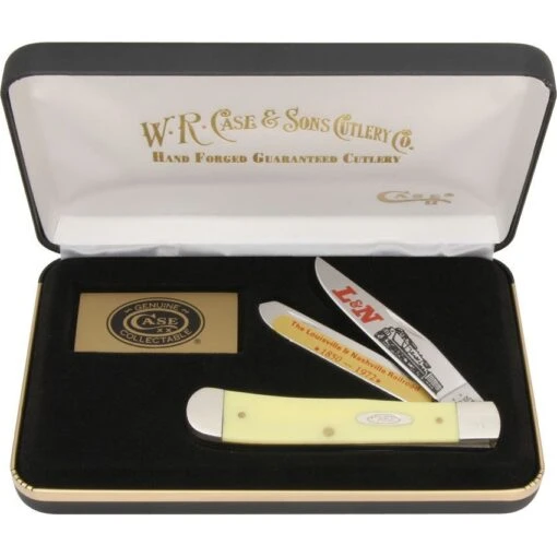 Case LNY L&N Railroad Commemorative Folding Pocket Knife Set With Yellow Composition Handle 5 Case LNY L&N Railroad Commemorative Folding Pocket Knife Set With Yellow Composition Handle -Bradle Knives Shop 114403 114432