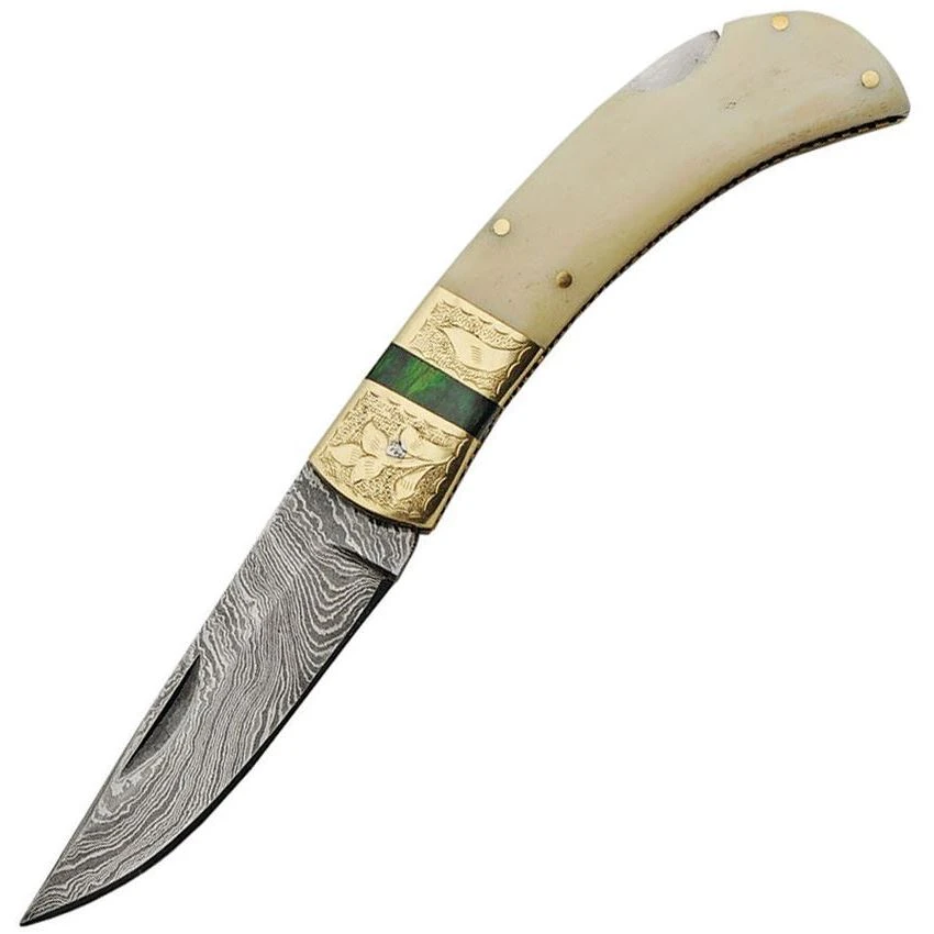 Damascus 1199 Lockback Damascus Steel Clip Point Blade Knife With White Smooth Bone Handle 1 Damascus 1199 Lockback Damascus Steel Clip Point Blade Knife With White Smooth Bone Handle