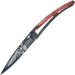 Deejo 1GB143 Tattoo Black 37g Latino Skull Knife With Red Beech Wood Handle